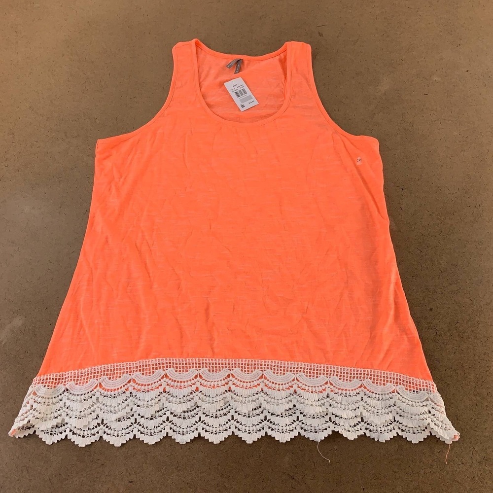 Vanity Womens Size 2XL Bright Orange Ivory Lace Hem Scoop Neck Tank Top NWT